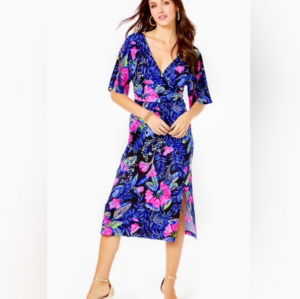 Lilly Pulitzer Blue Floral Midi Dress with Pink & Green Accents